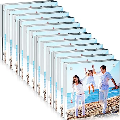 Handepo 12 Pcs Acrylic Picture Frame Bulk Clear Acrylic Photo Frame Magnetic Desktop Display Double Sided 20 mm Thickness Freestanding for Bedroom Living Room Home Office(4 x 4)