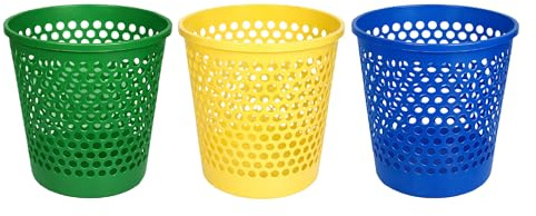 TIENDA EURASIA – Pack 3 Papeleras de Plástico | Amarillo, Azul y Verde | Material Reciclable | Medidas 28x29 cm | Diseño Moderno Hueco | Papelera Escritorio