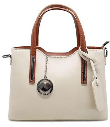 Chicca Borse Borsa a Mano Elegante Donna in Pelle Made in Italy Taglia Media con Tracolla (Beige - Cuoio)