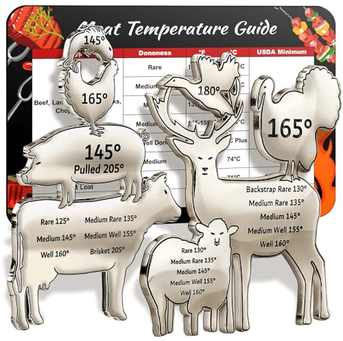 Garybank 2024 Metall Fleisch Temperatur Magnete, BBQ Smoker Fleisch Grillen Zubehör, Set mit 2 Metallmagneten in Tierform mit BBQ Fleischtemperaturleitdiagramm, Pellet Grill Zubehör Geschenke für
