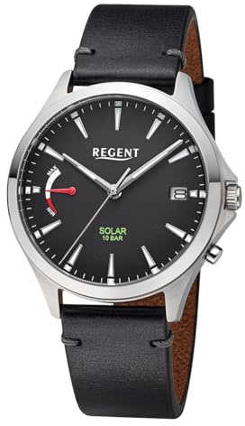 REGENT Herrenuhr Solaruhr mit Lederarmband 41 mm Quarz Analog Schwarz F-1550