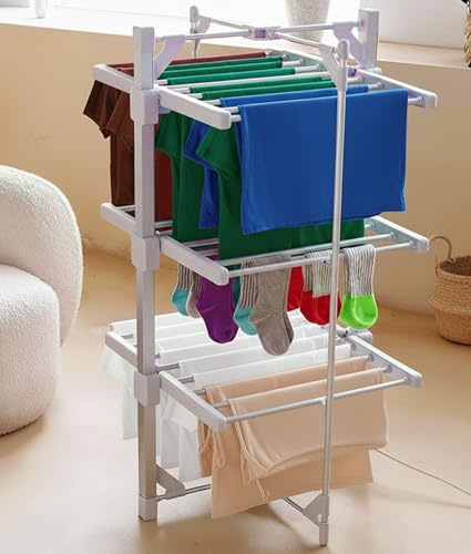 3-Tier Electric Heated Clothes Airer, Foldable Indoor Laundry Drying Rack with 24 Heated Rails, 12m Drying Space, Energy-Efficient & Silent Dryer Stand with Anti-Slip Feet, 61.5×12×113.5cm, Grey