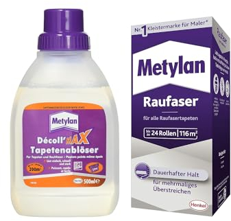 Metylan Raufaser, Tapetenkleister für Raufasertapete mit hoher Anfangsklebkraft (1x720g) & Metylan Tapetenablöser Aktiv-Konzentrat, löst schnell und problemlos (1x0,5l)