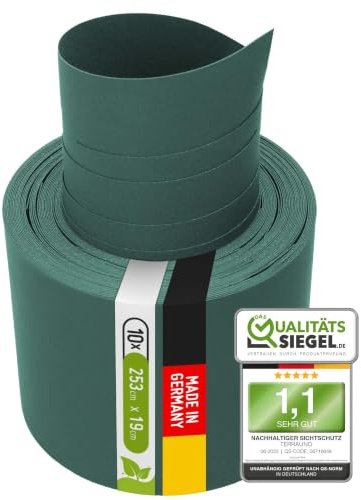 TerraUno Nachhaltige Sichtschutzstreifen für Doppelstabmatten, Polypropylen, Made in Germany, RAL 6005 Grün, 10 Streifen, extra stabil, Lederoptik, Zaun Sichtschutz mit UV-Beständigkeit