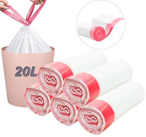 20L Bin Bags, KITBEST 100 Counts Drawstring Bin Liners with Tie Handle, Strong Trash Garbage Rubbish Bags for Bathroom pedal Bin, Kitchen Office Waste Paper Bin (100 Liners, White)