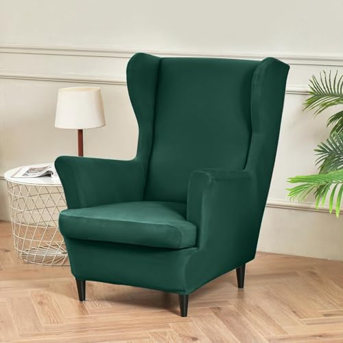 Hixingo Funda de Sillón de Orejas Elástica, Fundas para Sillones Orejeros 2 Piezas con Funda de Cojín, Color Sólido Funda de Sofá Relax para Salón, Hotel (Verde,One Size)