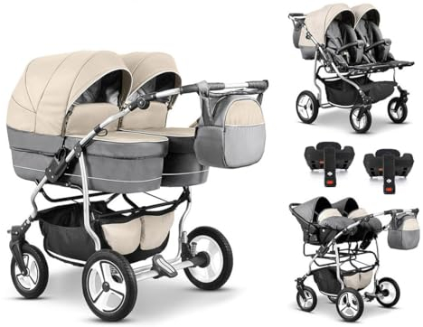 Zwillingskinderwagen 5 in 1 Twin Star inkl. Autositze und Iso Bases - 14 Teile - in 16 Farben