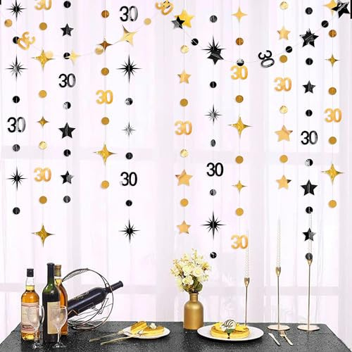 Schwarz-goldene Dekorationen zum 30. Geburtstag Zahl 30 Kreis Punkte Funkelnder Stern Girlande Metallische Luftschlange Hintergrund für Damen und Herren 30. Geburtstag Jahrestag Partyzubehör