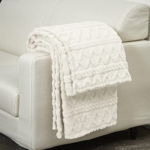 WONGS BEDDING Kuscheldecke Flauschig Decken für Sofa, Boho Decke Sofadecke Wolldecke 220x240, Fleecedecke, Wohndecke, Couchdecke Weiche Warme für Bett Couch Blanket, Weiß Creme