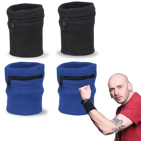 4 Stück Schweißbänder Schweißband Set, Tasche Armband Brieftaschen, Sport Handgelenktasche mit Reißverschluss, für Outdoor Laufen Radfahren und Andere Sportarten