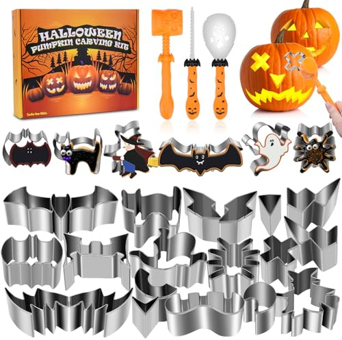 Dreamtop 24 Stück Halloween Kürbis Schnitzset Vorlagen Edelstahl DIY Halloween Kürbis schnitzwerkzeug Inklusive Gummihammer für Erwachsene und Kinder Schnitzwerkzeug Ausstechformen