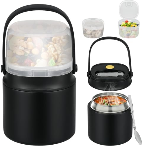 Itslife Thermobehälter für Essen 450ml mit 2pcs Snackbox, Auslaufsicherer Lunchbox Kinder mit Löffel, Edelstahl Müslibecher to go, Vakuum Thermobecher Essen für die Schule, Büro, Camping, Schwarz
