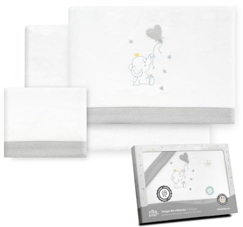 Interbaby - Juego Sabanas Carrito Bebe 40x80 Algodón 100% | Sabana Cuna Franela, Cálida | Incluye Sabana Bajera, Encimera y Funda de Almohada | Ideal para Invierno | Elefante Globo Corazón Blanco/Gris