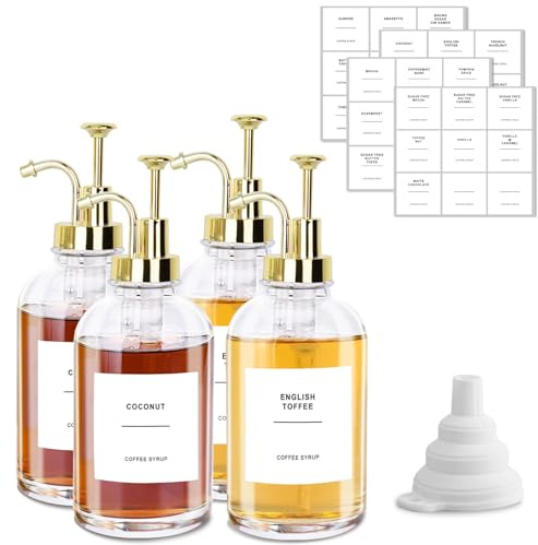 Sunal Coffee Syrup Dispenser,Gold Set of 4 Syrup Dispenser, 500ml/16.9 oz Glass Pump Bottle with 36 Waterproof Labels and Funnel&Pump for Kitchen Coffee Bar Accessories