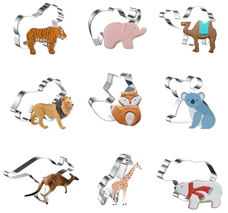 WDYJMALL Juego de 9 cortadores de galletas de animales, tigre, elefante, camello, león, zorro, koala, canguro, jirafa, oso polar, A