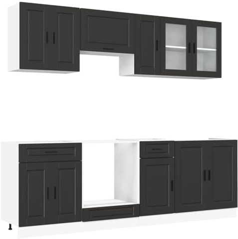 vidaXL 8-TLG. Küchenschrank-Set Porto Schwarz Holzwerkstoff, Küchenzeile, Küchenschrank, Schrank, Hängeschrank, Spülenunterschrank, Küchenmöbel