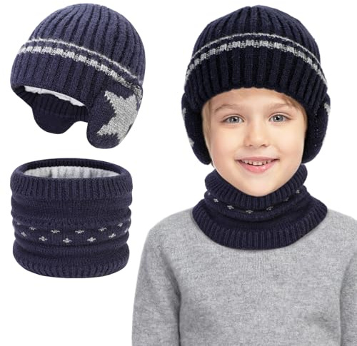 TAGVO Kinder Wintermütze Schlauchschal Set für Mädchen Jungen 2-6 Jahre, Warme Beanie Mütze Loop Schals Set, Kleinkinder Wintermütze Strick Mützen mit Gehörschutz Geschenk für Kinder