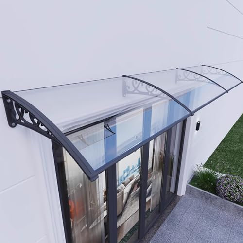 Gartenvordach für den Außenbereich, UV-beständig, Polycarbonat-Türvordach mit gebogenem Dach und Aluminiumhalterungen, 80 x 120 cm