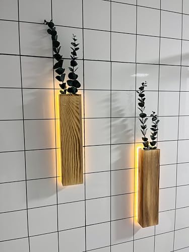 2 Stück Holz Wandvase mit LED Lichtern für Zimmerpflanzen, Künstlicher Eukalyptus Wandpflanzgefäße Fake Vines Wand Pflanzgefäße für Wohnzimmer, Badezimmer, Dekorationen Wanddeko Grünpflanzen