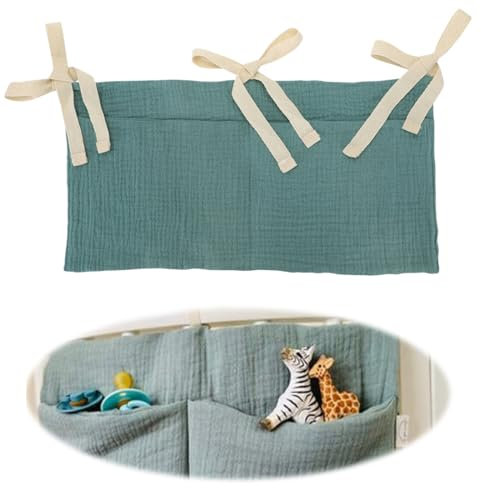 KOLZEMV Babybett Organizer, Kinderzimmer Hängender Bett Organizer mit 2 Taschen, Organizer Beistellbett Baby, Betttasche Spielzeugtasche, Aufbewahrungstaschen für Betten für Spielzeug（Blau）
