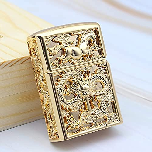 Generisch Vintage Groove Drachenmuster Kerosin Feuerzeug - Nachfüllbar, Antik Gold, Cool, Mechanical Lighter, Kerosin, Antique, Gift - Klassisch, Vintage, Antik, Messing, Gold