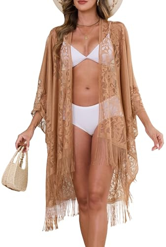 Sexy Elegant Lace Kimono Beach Cover Up for Women, Bathing Suit Cover Up, Open Front Swimsuit Coverup for Vacation, Khaki