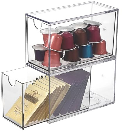 SUMNACON 2 Pack Acrylic Tea Bag Drawer Organizer, Clear Stackable Coffee Capsules Container Countertop Drawer Design Tea Packet Storage Holder Kitchen Spice Packet Storage Organizer (No Tea Bag)
