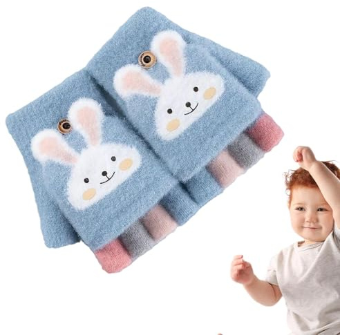 Guantes sin dedos, guantes de conejo para niñas, guantes de medio dedo con patrón de conejo, guantes acogedores sin dedos para niñas, guantes cálidos para niños con patrón de conejo, guantes de felpa