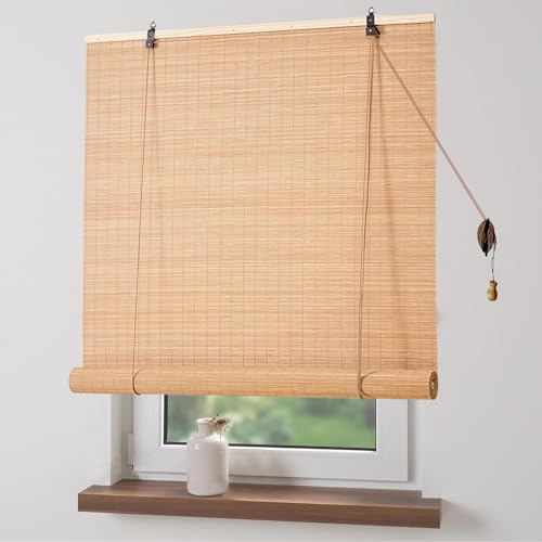 tow000ack Retro Bambus-Rollo,60% UV-Block Fenster Raffrollos Bambusrollos,Lichtfilterung Vorhang,Natur Holzrollo,Sichtschutz Jalousine für Innen/Außen,Anpassbar,Breite x Höhe (40cm x 200cm)