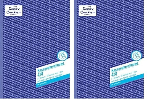 AVERY Zweckform 428 Kassenabrechnung (A4, 2x50 Blatt, 1 Blatt Blaupapier, MwSt.-Spalte für Ausgaben, von Rechtsexperten geprüft, für DE/AT, zur ordnungsgemäßen Buchführung) weiß/gelb (Packung mit 2)