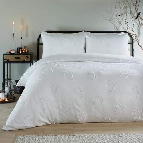 Copripiumino Duvet Day Ghostly Ghouls - Biancheria da letto trapuntata ultra morbida al tatto per Halloween (Bianco - Matrimoniale)