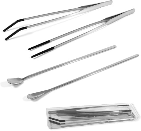 4 Pcs Reptile Feeding Tools Set with Silicone Tips - Extra Long Straight & Curved Tongs, Spoons - Stainless Steel Terrarium Feeder Kit for Bearded Dragons, Lizards, Snakes, Spiders, Aquarium