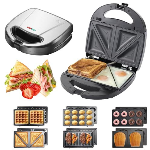 Gaufrier 6 en 1, 750W Appareil Croque Monsieur, sandwichs Series, Gauffrier Multifonctions, 6 Plaques Antiadhésives et Détachables, Plaques de gril antiadhésive, Cuisson Double Face pour Sandwich