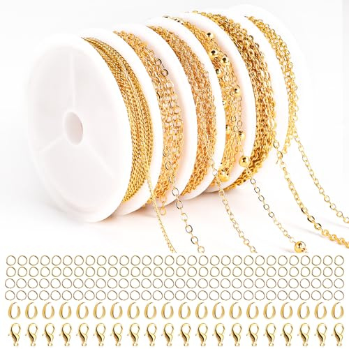 14 m, 6 rotoli di catena a maglie dorate, al metro, accessori per la produzione di gioielli con anelli e chiusure a moschettone e anelli a U, per creare gioielli fai da te (oro)