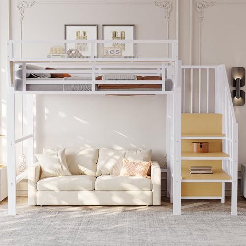 Moimhear Hochbett 90x200cm mit Sicherheitsleiter und flexiblem Staufach, Metallbett Erwachsenenbett Kinder-Etagenbett (Weiß+Holzfarbe)