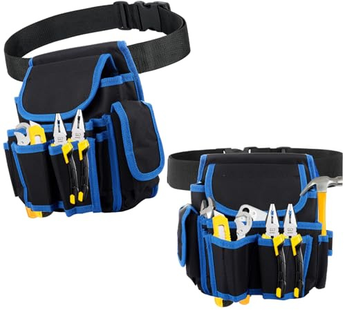 ZOFUN 2 Pcs Tool Belts, 23 x 13 x 23 Tool Pouch Detachable Quick Release, Thickened Canvas Tool Belt Bag with 360° Movable Pouch, Black & Blue Utility Belts for Electricians and Workers