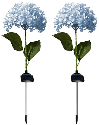 Lot de 2 lampes solaires d'extérieur sur piquet en forme d'hortensia, éclairage de pelouse, éclairage LED bleu pour décoration de jardin