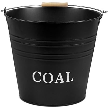 Flatro Coal Bucket for Fireplaces | (Pack of 1) 12L Metal Bucket for Hot Ashes (with Wooden Handle) | Does the Job Well for Coal, Wood, Ashes, Kindling & More