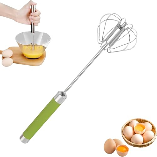 Stainless Steel Semi-Automatic Whisk, Kitchen Egg Beater Whisk, Hand Mixer, Egg Scrambler Push Whisks for Cooking, Hand Whisks for Baking Making Cream Beating and Stirring (Green, 10inch)