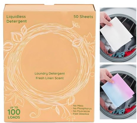 Lot de 50 feuilles de détergent doux pour machine à laver, pour linge frais, peau sensible, maison, voyage, université, dortoir, appartement, voyage d'affaires, camping