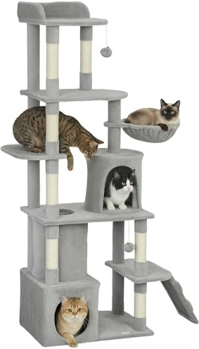 PawHut Arbre à Chat 170 cm de Hauteur Tour de Jeux 1-3 Chats Gris Foncé | 7 Poteaux à Griffer, 3 Platesformes, 2 Niches, Tunnel, Hamac, 2 Pompons, Tissu Peluche, Multi-Niveaux