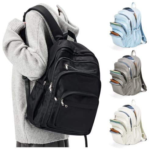 Schwarz Rucksack Schule mit Fächern, Leichter Schulrucksack Damen Herren | Großer Rucksack Gymnasium Mädchen Jungen, Wasserdicht Schultaschen für Universität, Uni Rucksack mit Laptopfach