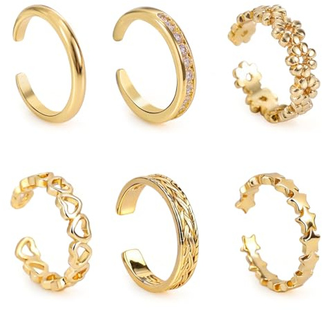 Mikovivi 6pcs Gold Toe Rings for Women, Adjustable Flower Star Heart CZ Dainty Toe Rings Summer Beach Open Foot Jewelry