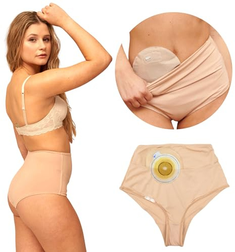 SIIL Sous-vêtements de stomie pour femme – Culotte taille haute avec poche stomie pour sacs d'iléostomie – Culotte étanche beige