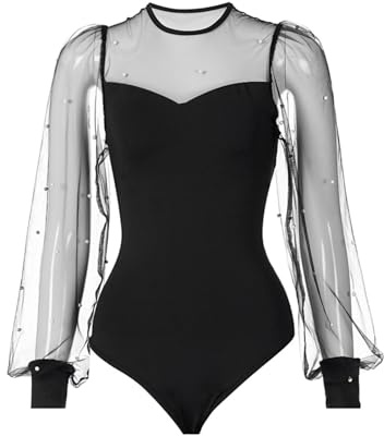 G-String Jumpsuit da donna in rete trasparente, con pois in pizzo, sexy, elegante, body con maniche a sbuffo, camicetta a tinta unita, per discoteca, feste, uso quotidiano, O nero., S