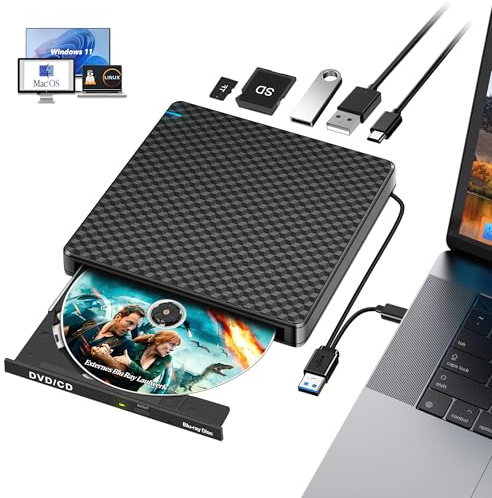NOLYTH Externes Blu Ray Laufwerk: Slim Bluray Brenner USB C für Laptop Mac | Bluray Laufwerk Extern mit SD/TF/USB Ports,Tragbar 3D Externe Blu-ray Laufwerke CD/DVD/BD Player für PC Windows 11/10 MacBook