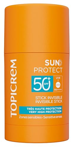 Topicrem - Sun Protect, Stick Invisible SPF50+ - Stick Solaire Visage Très Haute Protection, Hydrate 8h - Soin Peaux Sensibles, Exposées au Soleil - Sans Parfum - 15 g
