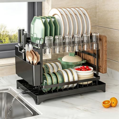 Egouttoir Vaisselle, 2 niveaux Egoutoire Vaisselle Cuisine avec Bec Rotatif à 360° et Extensible, Égouttoir à Vaisselle avec support pour ustensiles de cuisine, support pour planche à découper