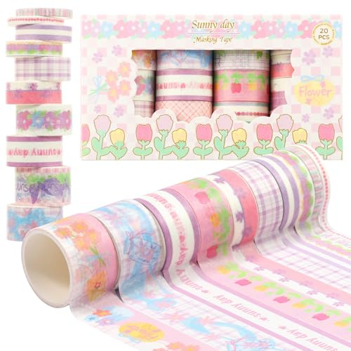 Guniata 20 Rollen Washi Tape Set, Verschiedene Größen, Masking Tape Dekoklebeband in 5 Größen (0,5 bis 2,5 cm), Selbstklebendes Scrapbooking Zubehör mit Blumen, für Bullet Journal, DIY Basteln Gesche