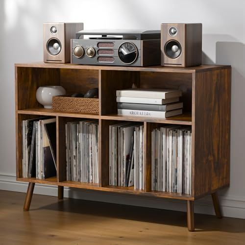 AUREUM OPAL Plattenspieler-Ständer mit Schallplattenaufbewahrung, Vinyl-Plattenregal mit Präsentationsfläche, Schallplattenständer für bis zu 350 Alben, Musikzimmer und Wohnzimmer (Rustikal Braun)
